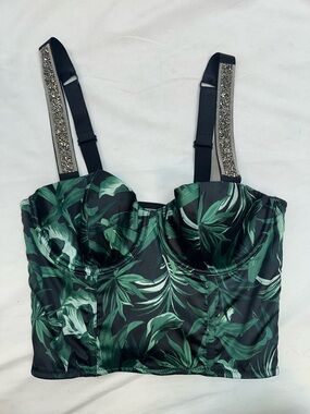 Victoria's Secret Blk/Grn Tropical Longline Bra with Embellished Straps 32C